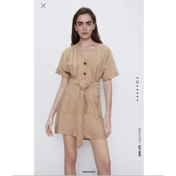 Zara Sand Short Linen Blend Dress With Belt Size S - Picture 1 of 9